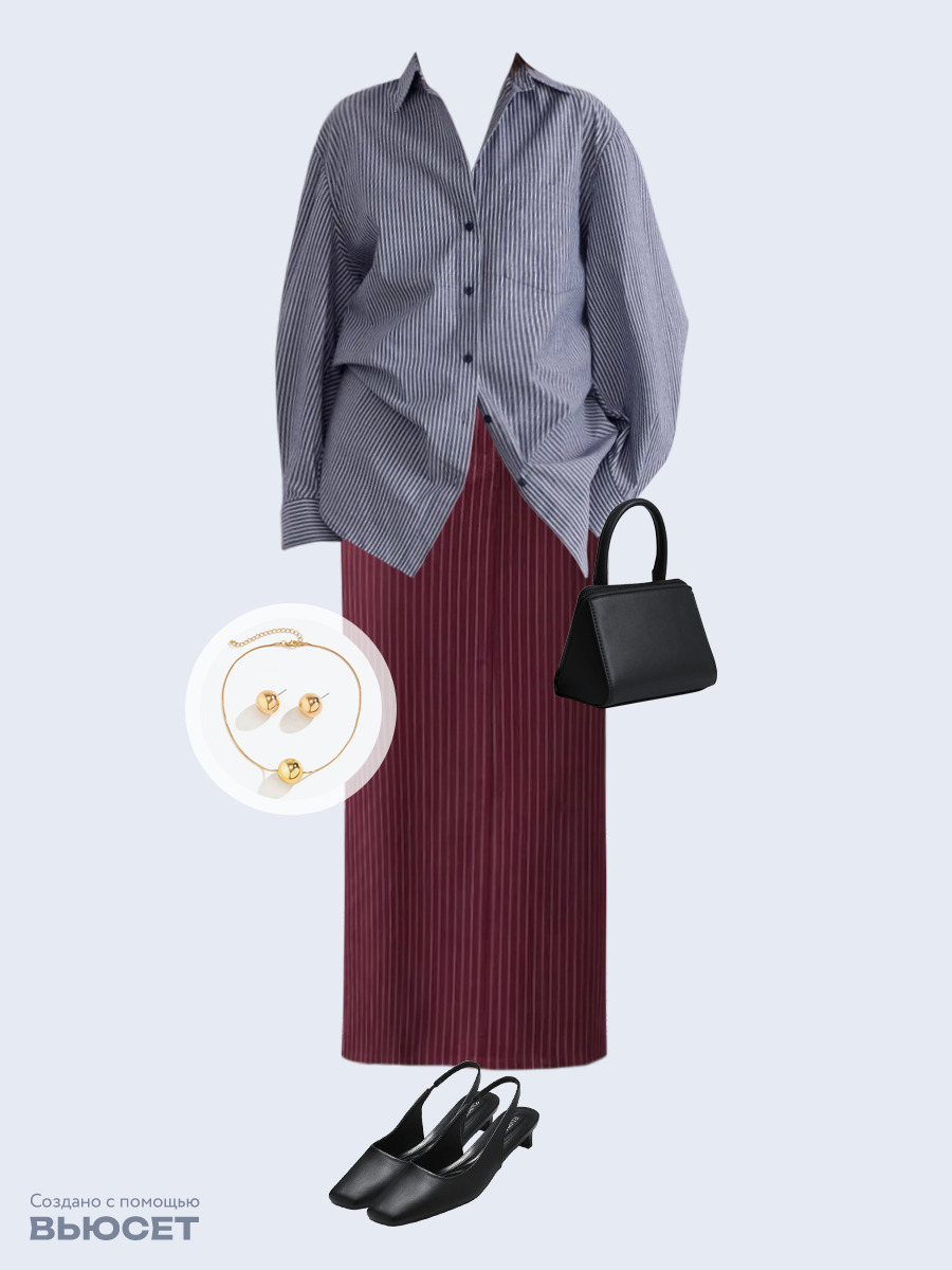 Образ с Вайлдберриз с артикулами (рубашка, юбка, сумка, туфли, колье и-серьги)