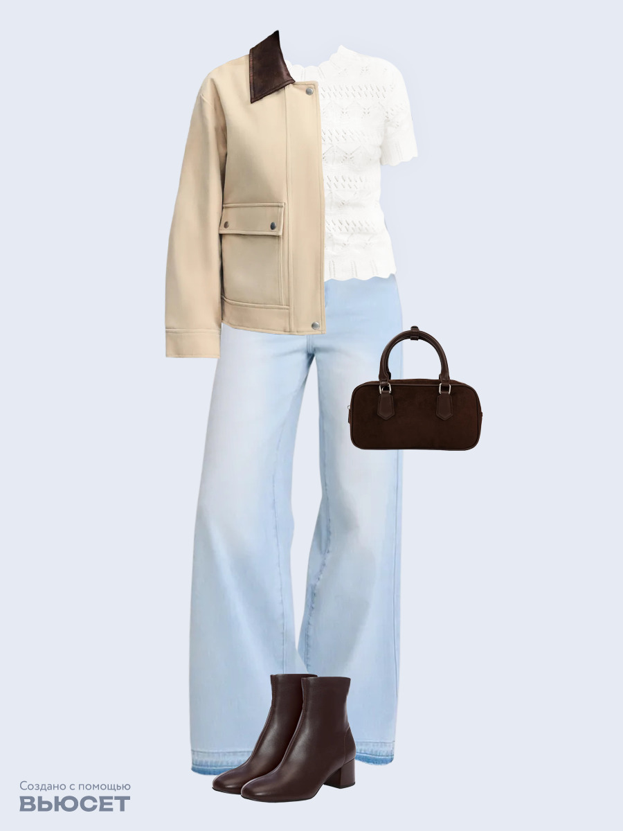 Образ с Вайлдберриз с артикулами (куртка, джемпер, джинсы, сумка, ботильоны)