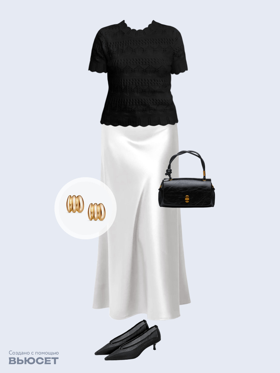 Образ с Вайлдберриз с артикулами (джемпер, юбка, сумка, туфли, серьги)