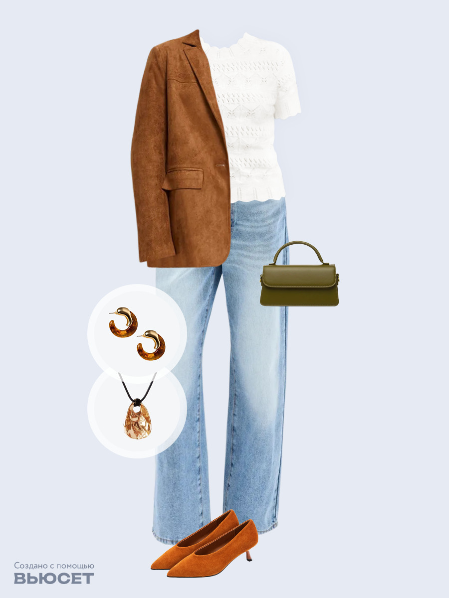 Образ с Вайлдберриз с артикулами (жакет, джемпер, джинсы, сумка, туфли, подвеска, серьги)