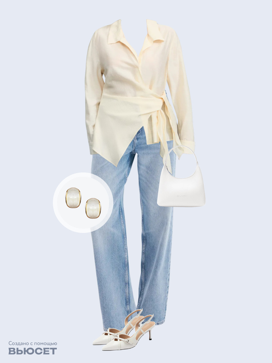 Образ с Вайлдберриз с артикулами (блуза, джинсы, сумка, туфли, серьги)