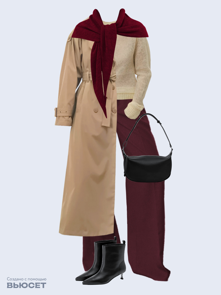 Образ с Вайлдберриз с артикулами (плащ, джемпер, брюки, сумка, ботильоны, шарф)