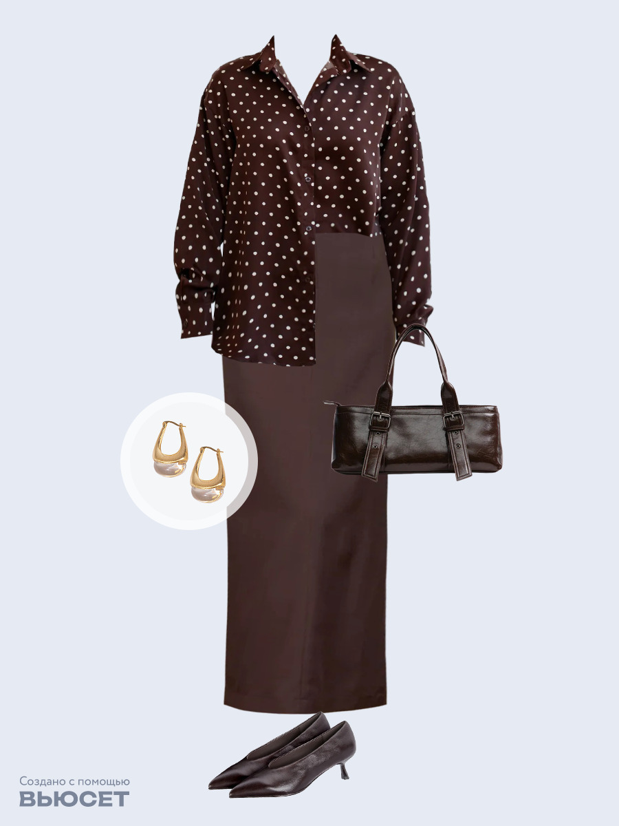 Образ с Вайлдберриз с артикулами (рубашка, юбка, сумка, туфли, серьги)