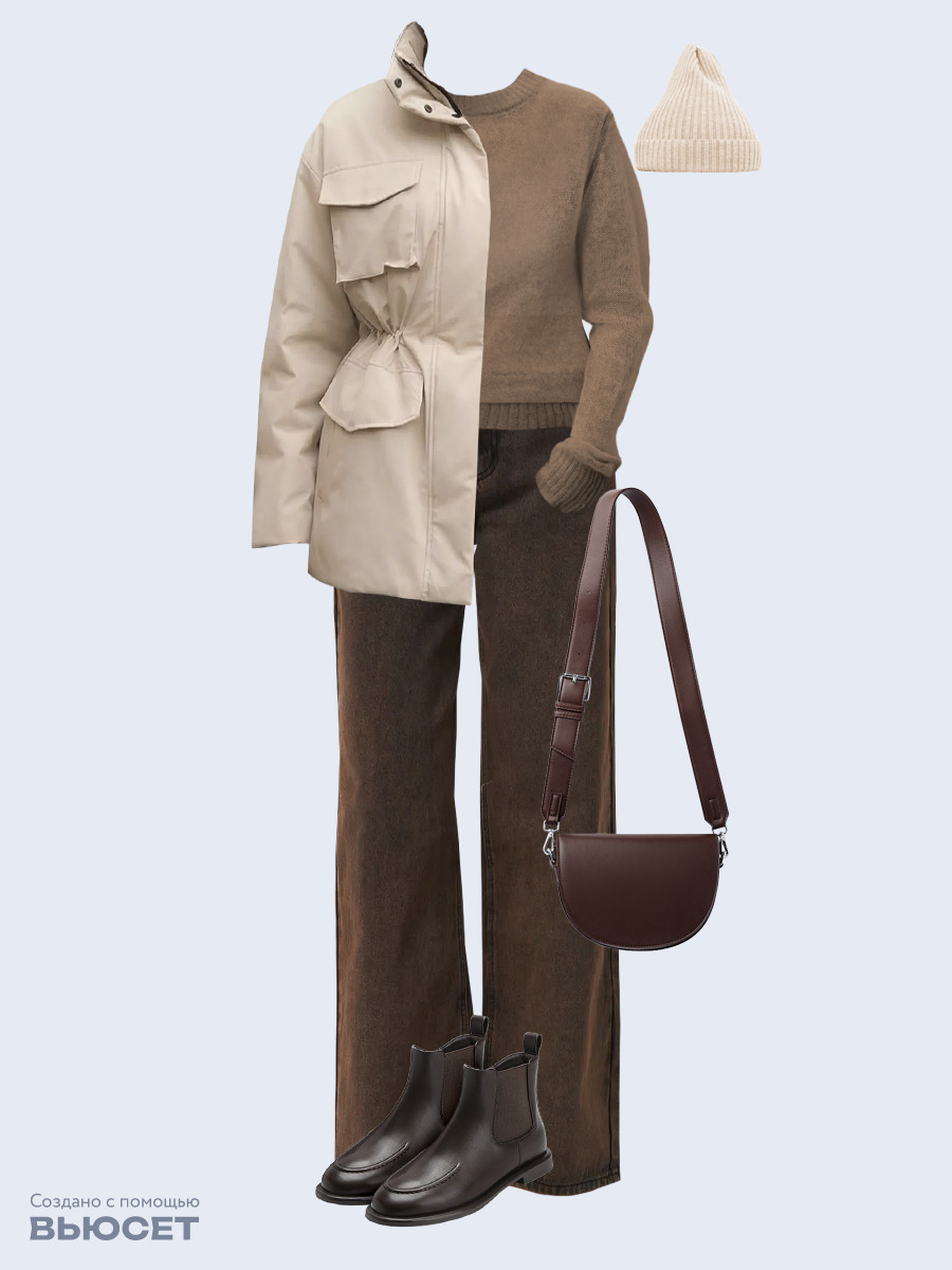 Образ с Вайлдберриз с артикулами (куртка, джемпер, джинсы, сумка, ботинки, шапка)