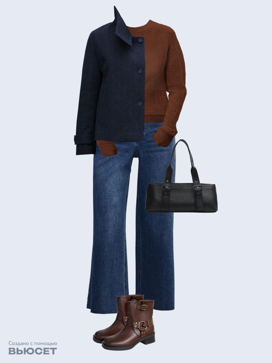 Образ с Вайлдберриз с артикулами (пальто, джемпер, джинсы, сумка, ботинки)