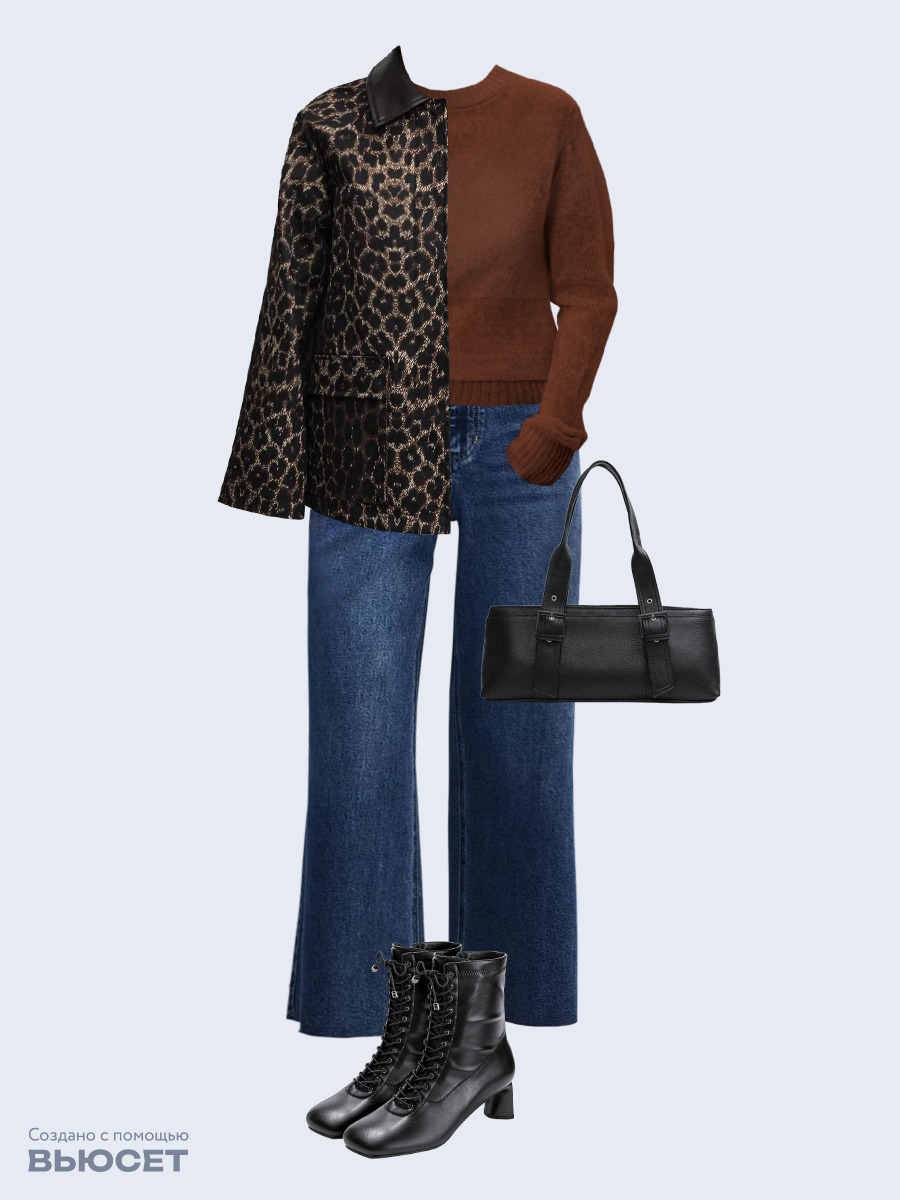 Образ с Вайлдберриз с артикулами (куртка, джемпер, джинсы, сумка, ботильоны)