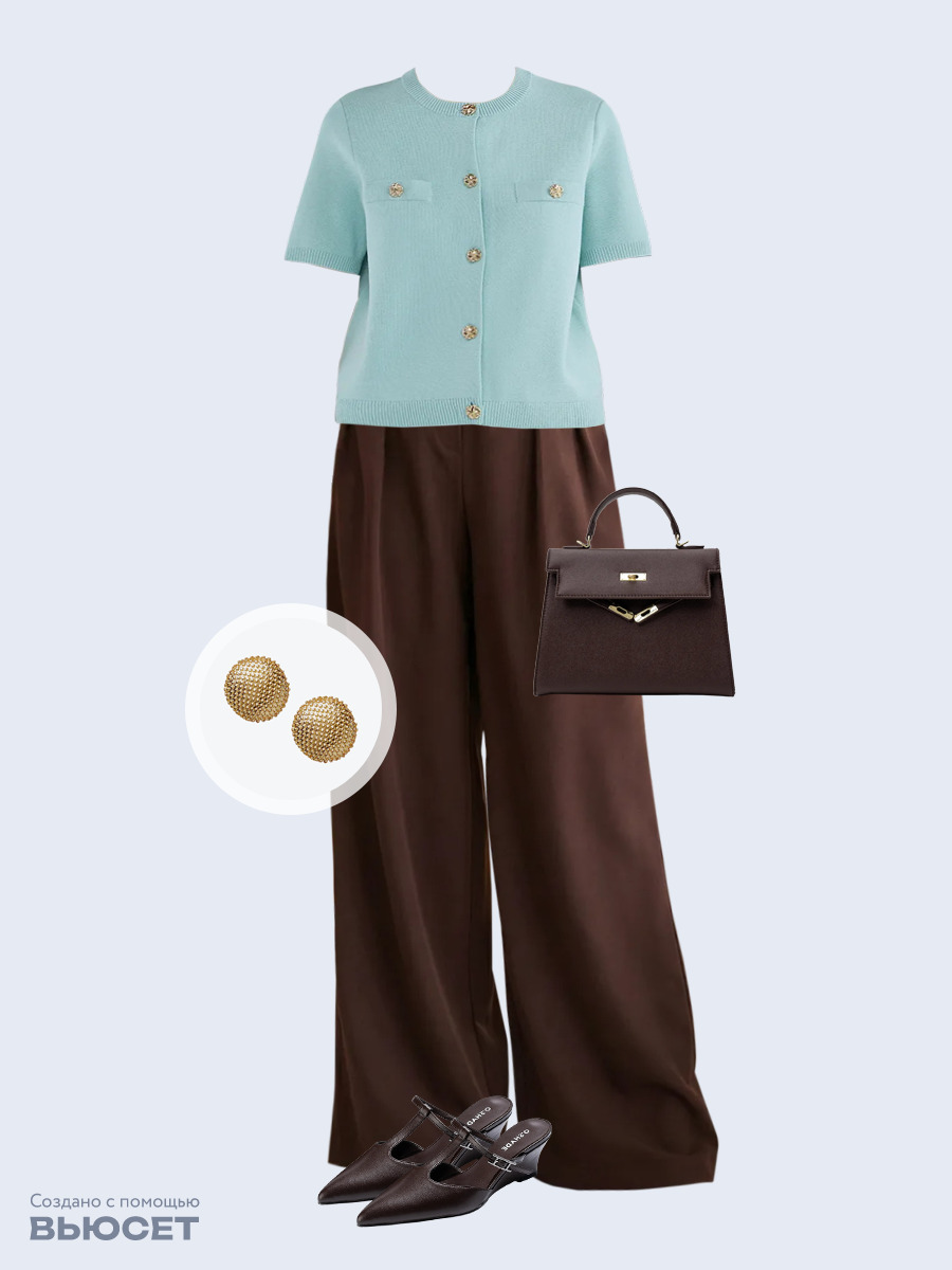 Образ с Вайлдберриз с артикулами (жакет, брюки, сумка, мюли, серьги)