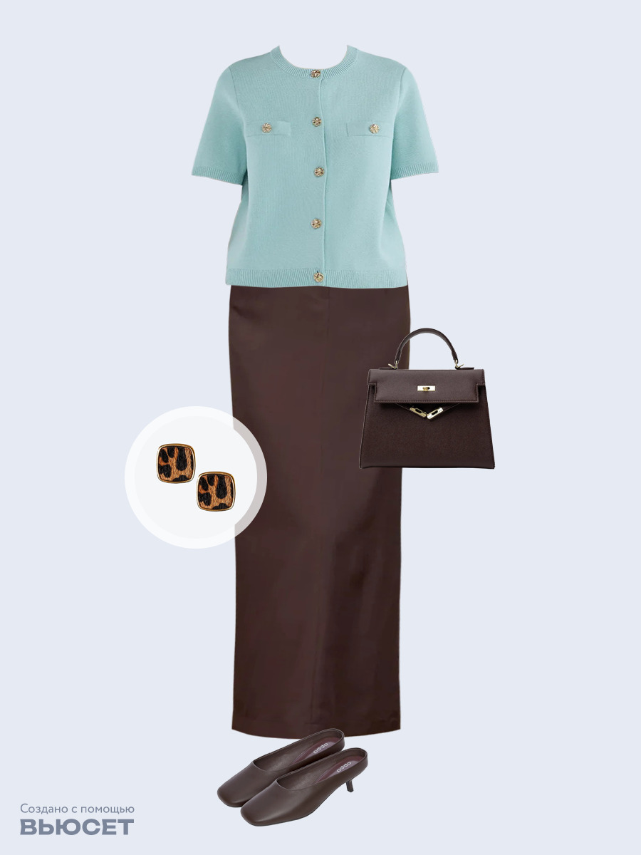 Образ с Вайлдберриз с артикулами (жакет, юбка, сумка, мюли, серьги)