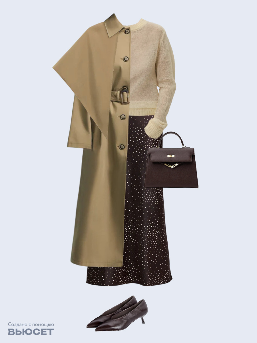 Образ с Вайлдберриз с артикулами (плащ, джемпер, юбка, сумка, туфли)