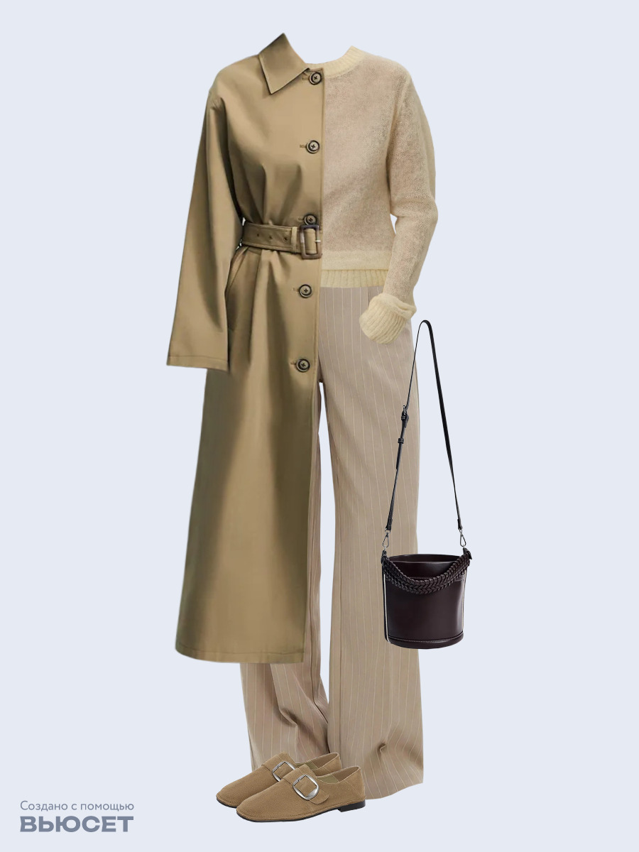 Образ с Вайлдберриз с артикулами (плащ, джемпер, брюки, сумка, полуботинки)