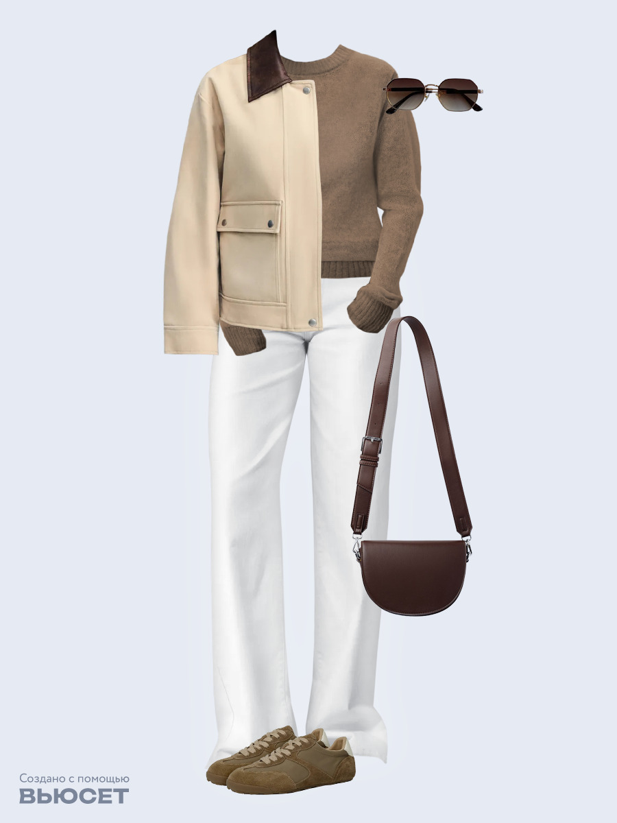 Образ с Вайлдберриз с артикулами (куртка, джемпер, джинсы, сумка, кеды, очки)