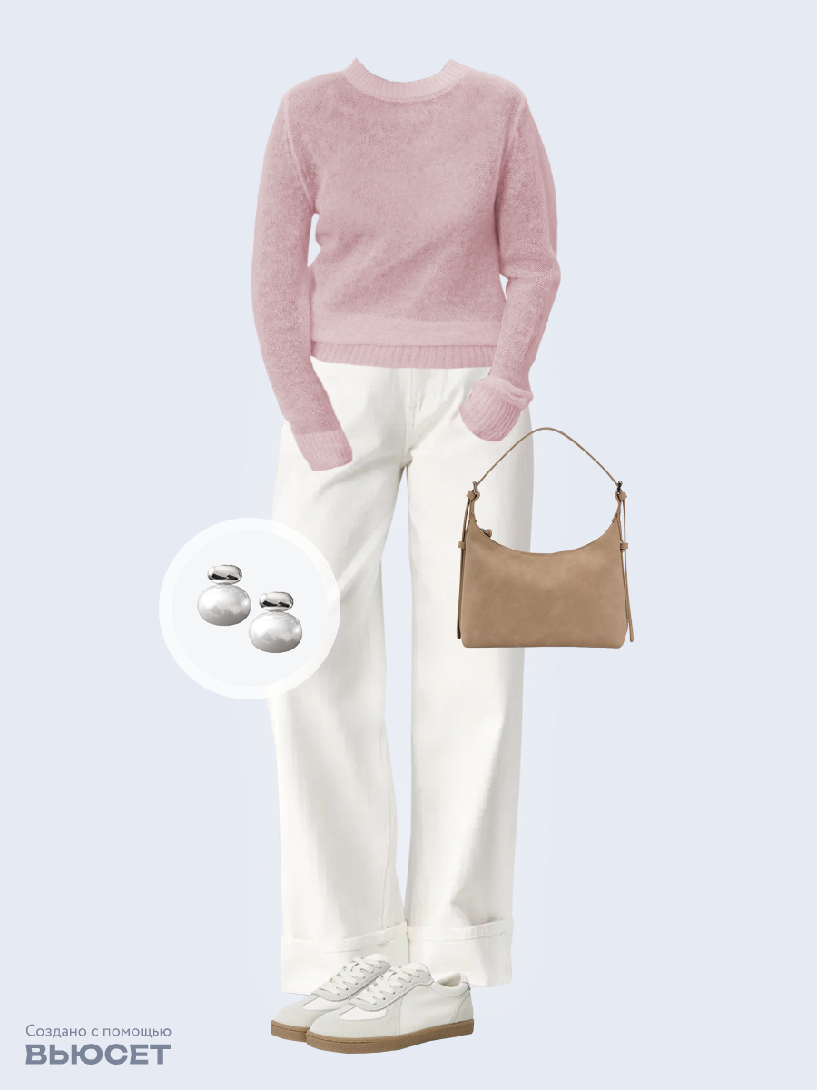 Образ с Вайлдберриз с артикулами (джемпер, джинсы, сумка, кеды, серьги)