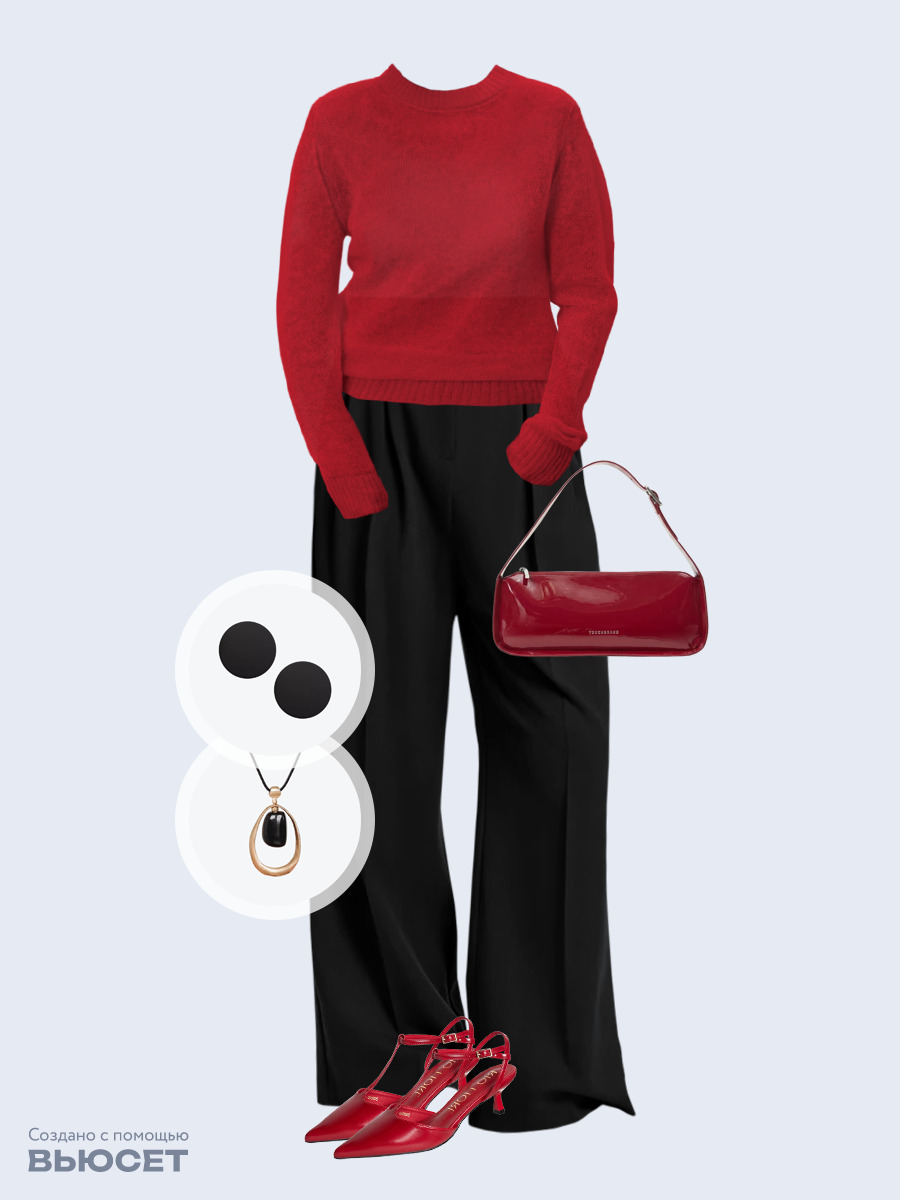 Образ с Вайлдберриз с артикулами (джемпер, брюки, сумка, туфли, подвеска, серьги)