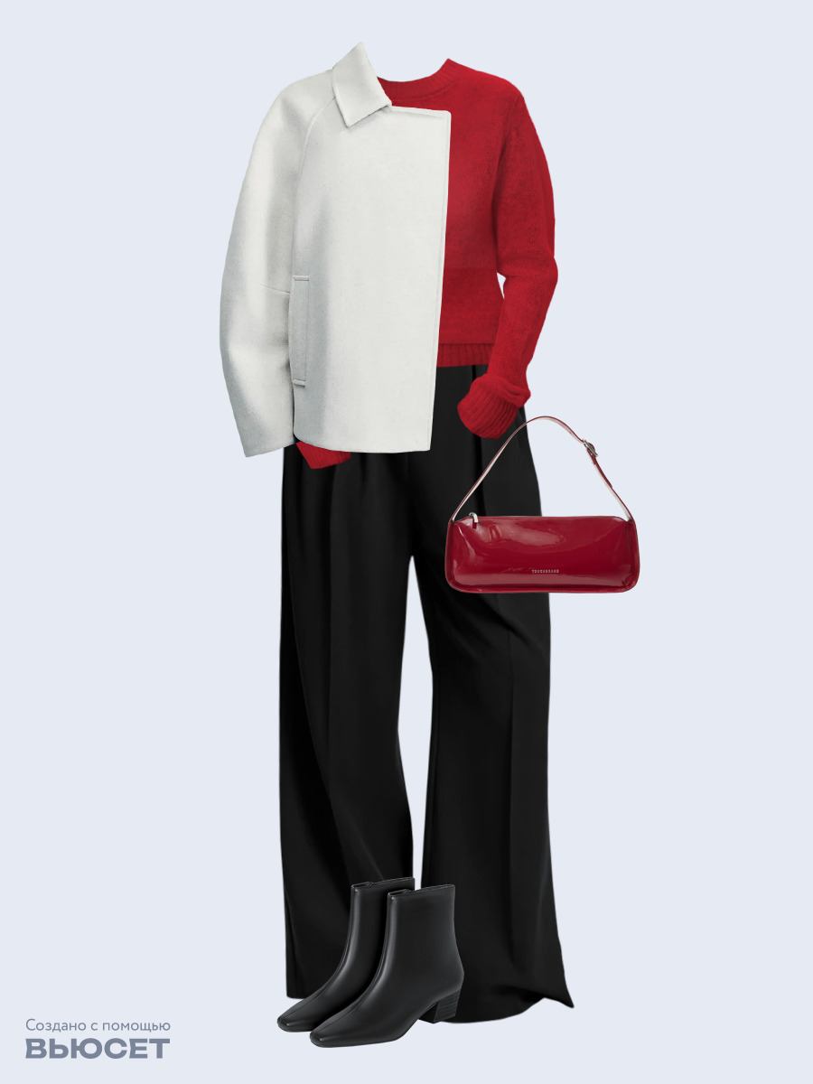 Образ с Вайлдберриз с артикулами (пальто, джемпер, брюки, сумка, ботильоны)