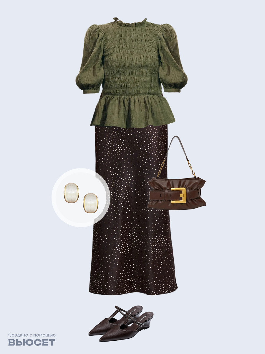 Образ с Вайлдберриз с артикулами (блуза, юбка, сумка, мюли, серьги)