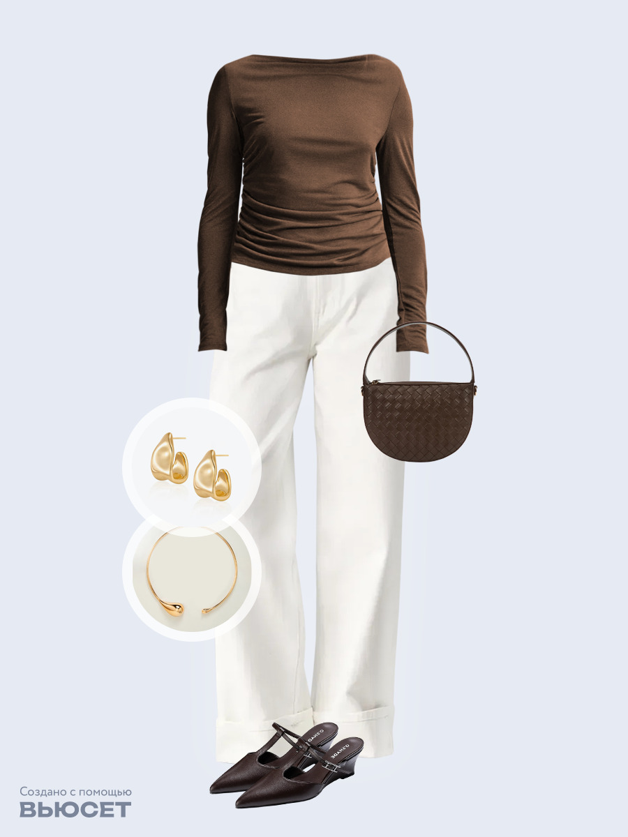 Образ с Вайлдберриз с артикулами (лонгслив, джинсы, сумка, мюли, колье, серьги)