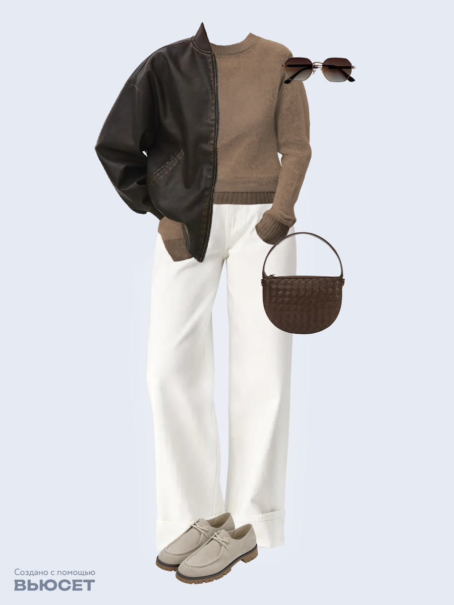 Образ с Вайлдберриз с артикулами (бомбер, джемпер, джинсы, сумка, полуботинки, очки)