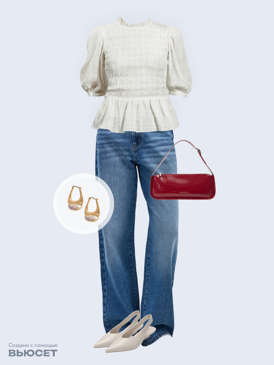 Образ с Вайлдберриз с артикулами (блуза, джинсы, сумка, туфли, серьги)