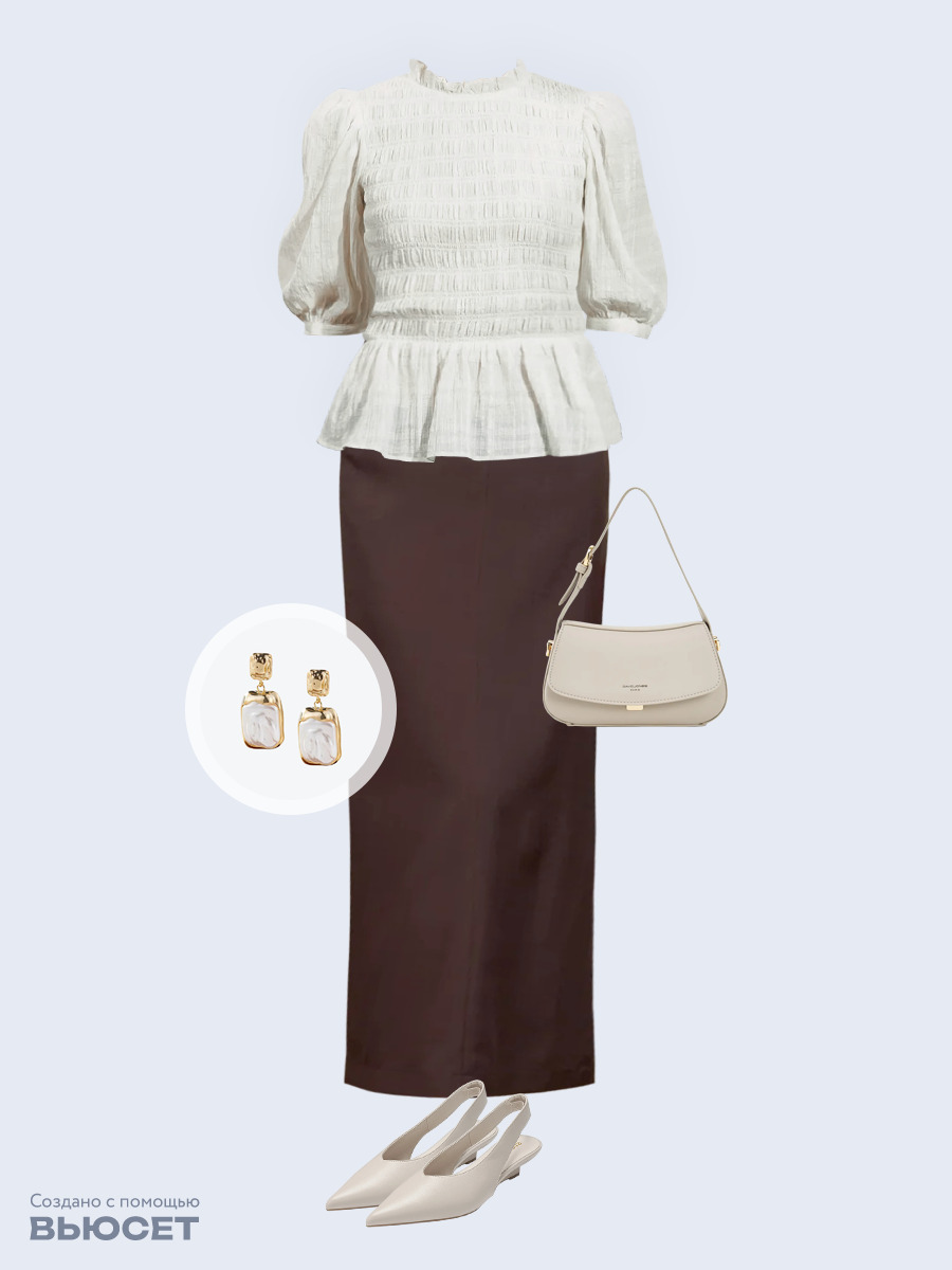 Образ с Вайлдберриз с артикулами (блуза, юбка, сумка, туфли, серьги)
