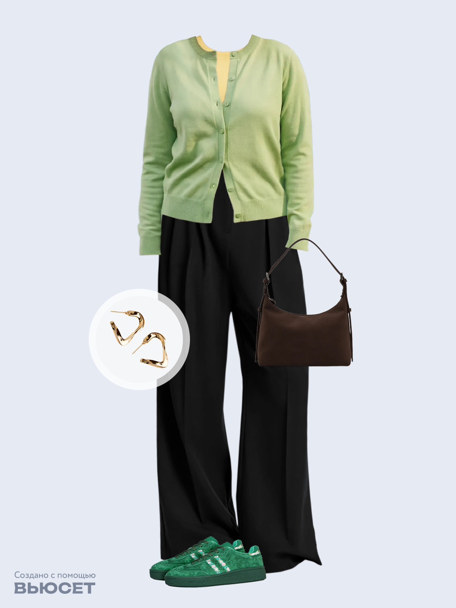 Образ с Вайлдберриз с артикулами (кардиган, футболка, брюки, сумка, кеды, серьги)