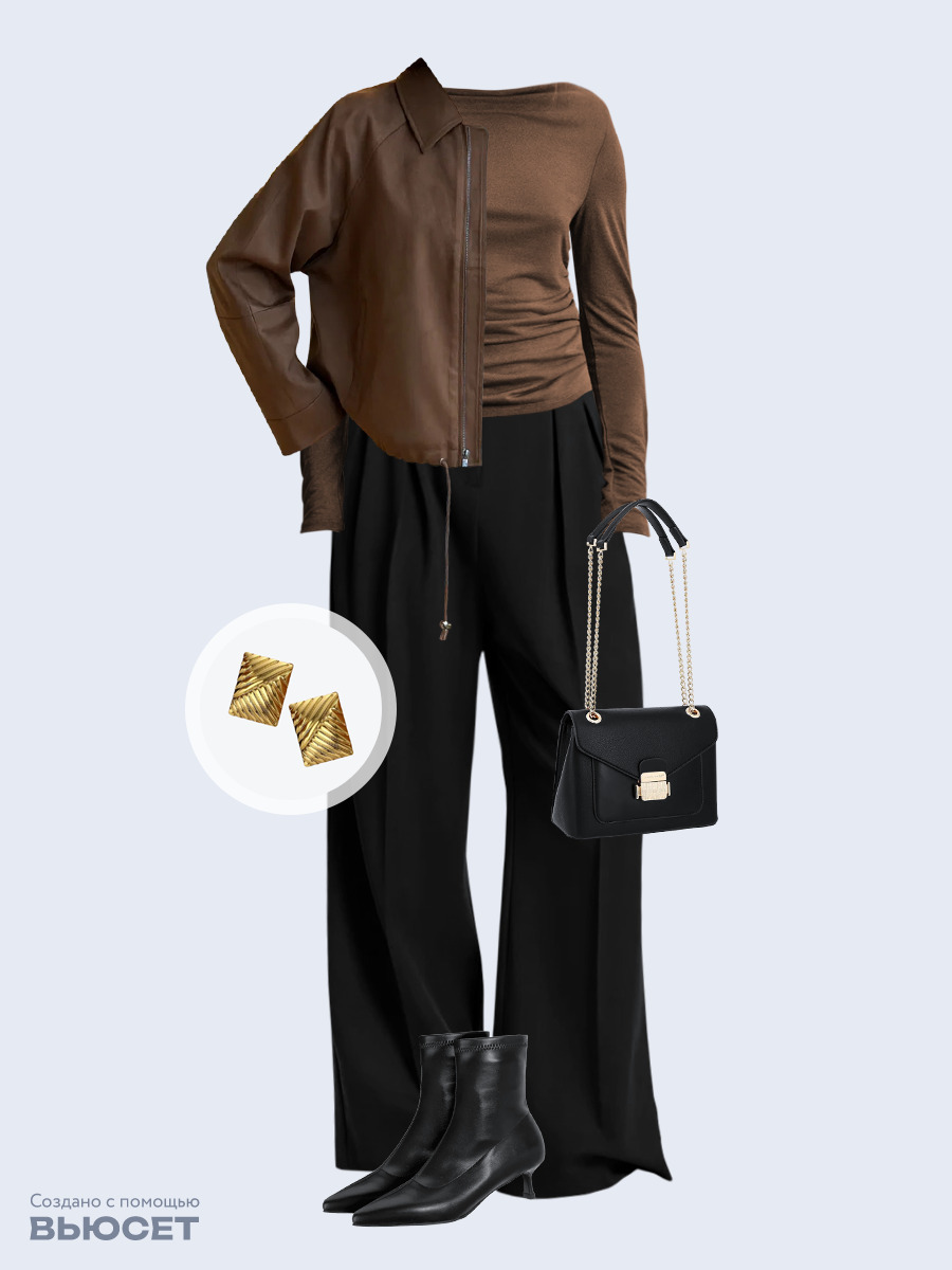 Образ с Вайлдберриз с артикулами (бомбер, лонгслив, брюки, сумка, ботильоны, серьги)