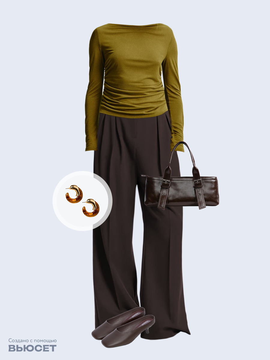 Образ с Вайлдберриз с артикулами (лонгслив, брюки, сумка, мюли, серьги)