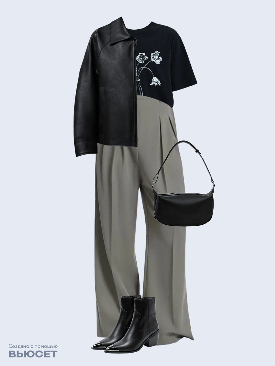 Образ с Вайлдберриз с артикулами (куртка, футболка, брюки, сумка, ботильоны)