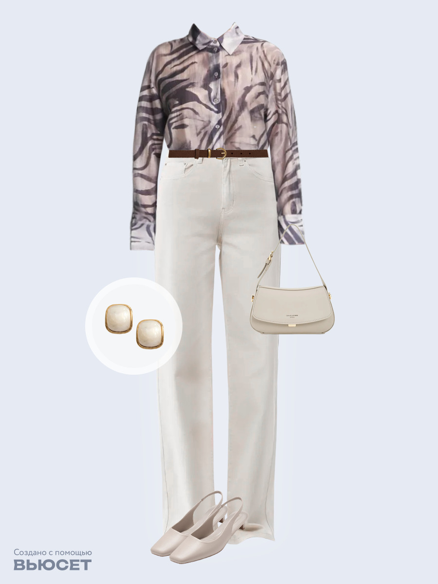 Образ с Вайлдберриз с артикулами (рубашка, джинсы, сумка, туфли, ремень, серьги)