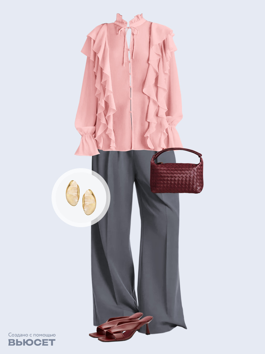 Образ с Вайлдберриз с артикулами (блуза, брюки, сумка, мюли, серьги)