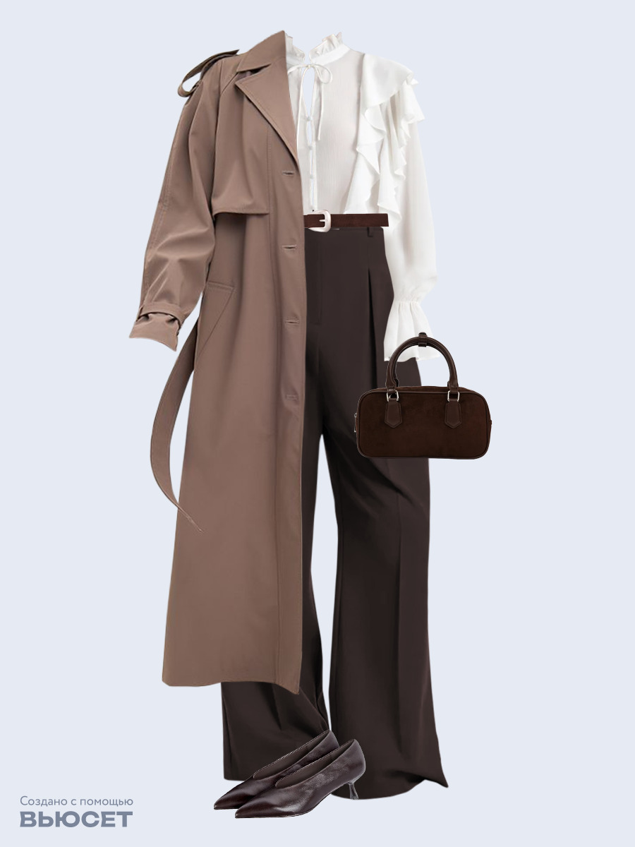 Образ с Вайлдберриз с артикулами (плащ, блуза, брюки, сумка, туфли, ремень)