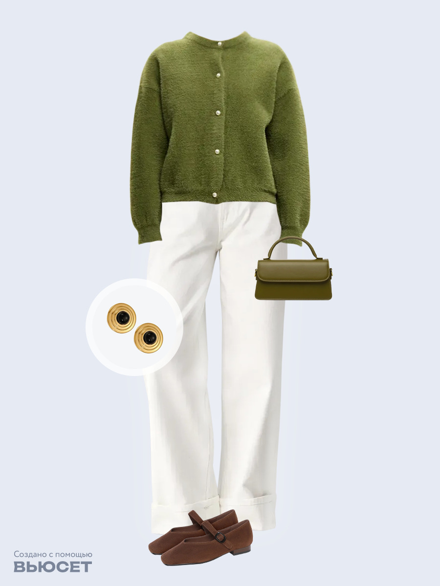 Образ с Вайлдберриз с артикулами (кардиган, джинсы, сумка, балетки, серьги)